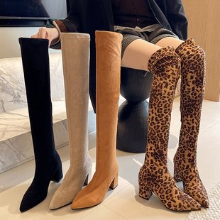 过膝长靴女款2025新款早秋方头粗高跟爆款鞋子瘦瘦靴高筒弹力靴子