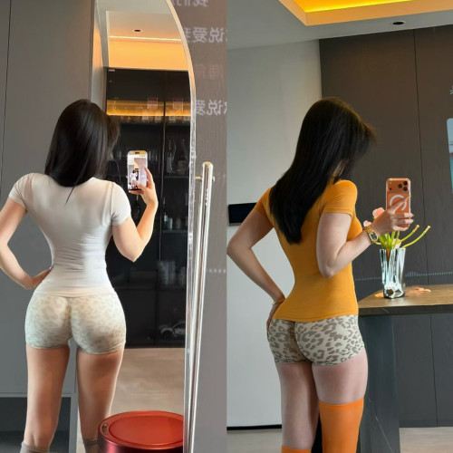 豹纹蜜桃臀中高腰瑜伽短裤女