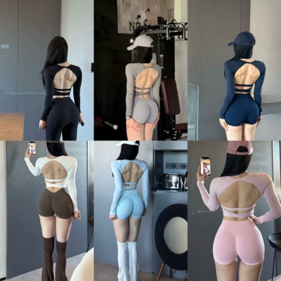 云感露背镂空运动T恤长袖带胸垫