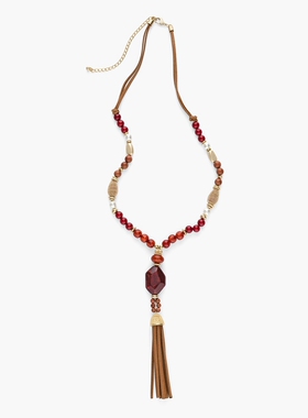 复古外贸原单小众chicos新年红皮绳流苏长项链毛衣链红玛瑙手镯