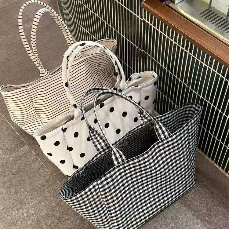 2026新款四季韩系慵懒风可爱波点帆布通勤大容量托特包
