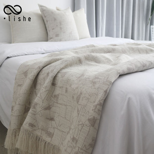 高端设计感米色床尾巾棉麻民宿床毯新中式酒店床旗沙发毯侘寂风