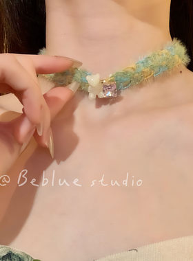 春意盎然~彩色毛绒choker甜美可爱小熊项链女小众设计颈链毛衣链