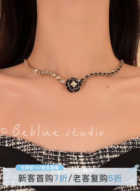 伦敦日记~法式小香风黑色山茶花项链精致高级锁骨链小众百搭颈链