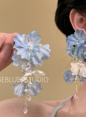 玫瑰冰茶~蓝色流苏花朵耳钉女高级感度假风小众耳环绝美耳饰耳夹