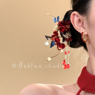 红尘眷恋~新年款蝴蝶珍珠花朵红色发饰女新中式发簪绝美订婚头饰