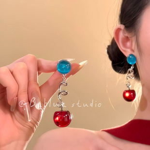 珠光曲调~红蓝撞色圆球樱桃吊坠耳钉独特漂亮耳环小众轻奢耳饰女