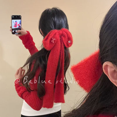 浓情热烈~新年红色针织毛线蝴蝶结发夹女后脑勺超大氛围感发饰