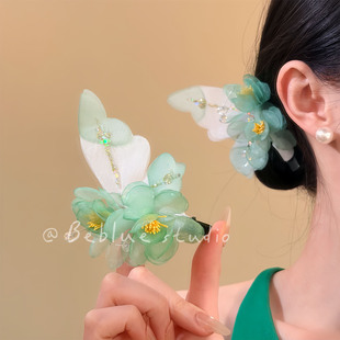 奶绿花汀~森系绿色网纱蝴蝶花朵发夹女2026新款氛围感头饰发饰