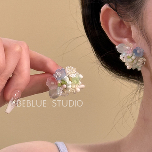 田园诗意~多巴胺花朵彩色串珠耳环女海边度假风绝美耳钉独特耳饰