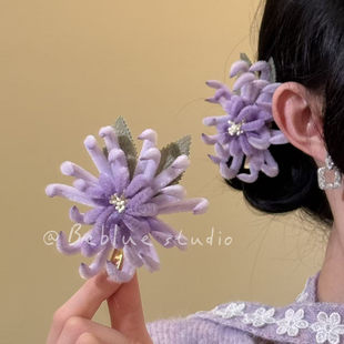 紫绒绾春~新中式紫色烟花绒花发夹女古风气质侧边夹跨年头饰发饰