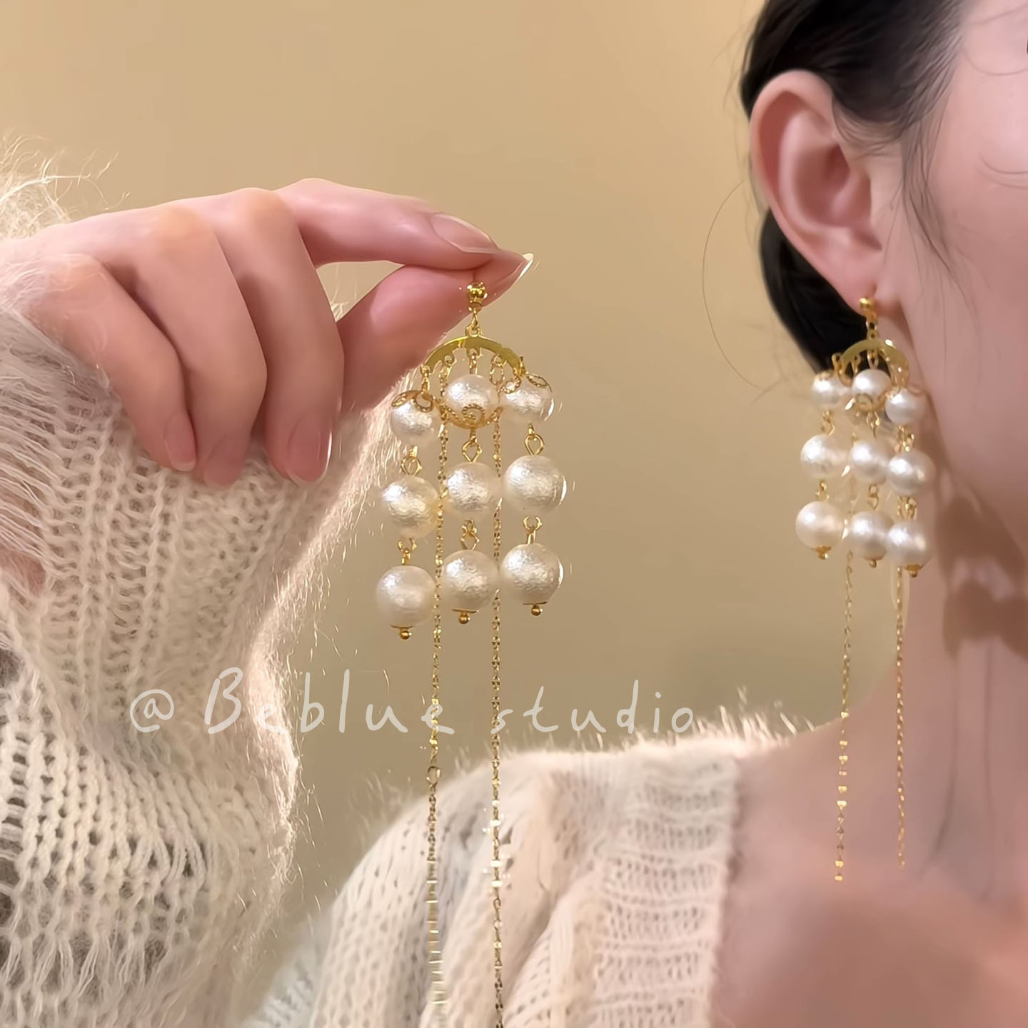 珠帘金雨～法式珍珠流苏金色耳钉轻奢高级感耳环绝美夸张宴会耳饰