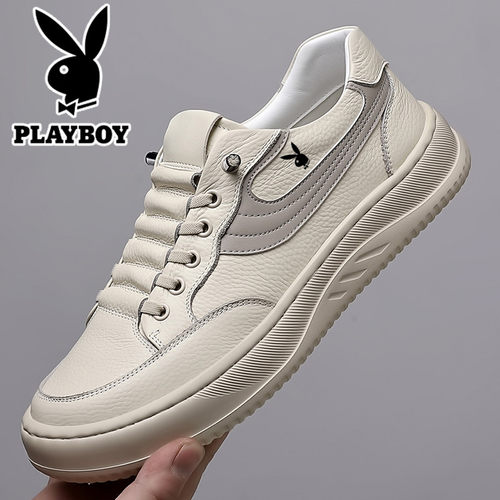 花花公子真皮透气内增高小白鞋