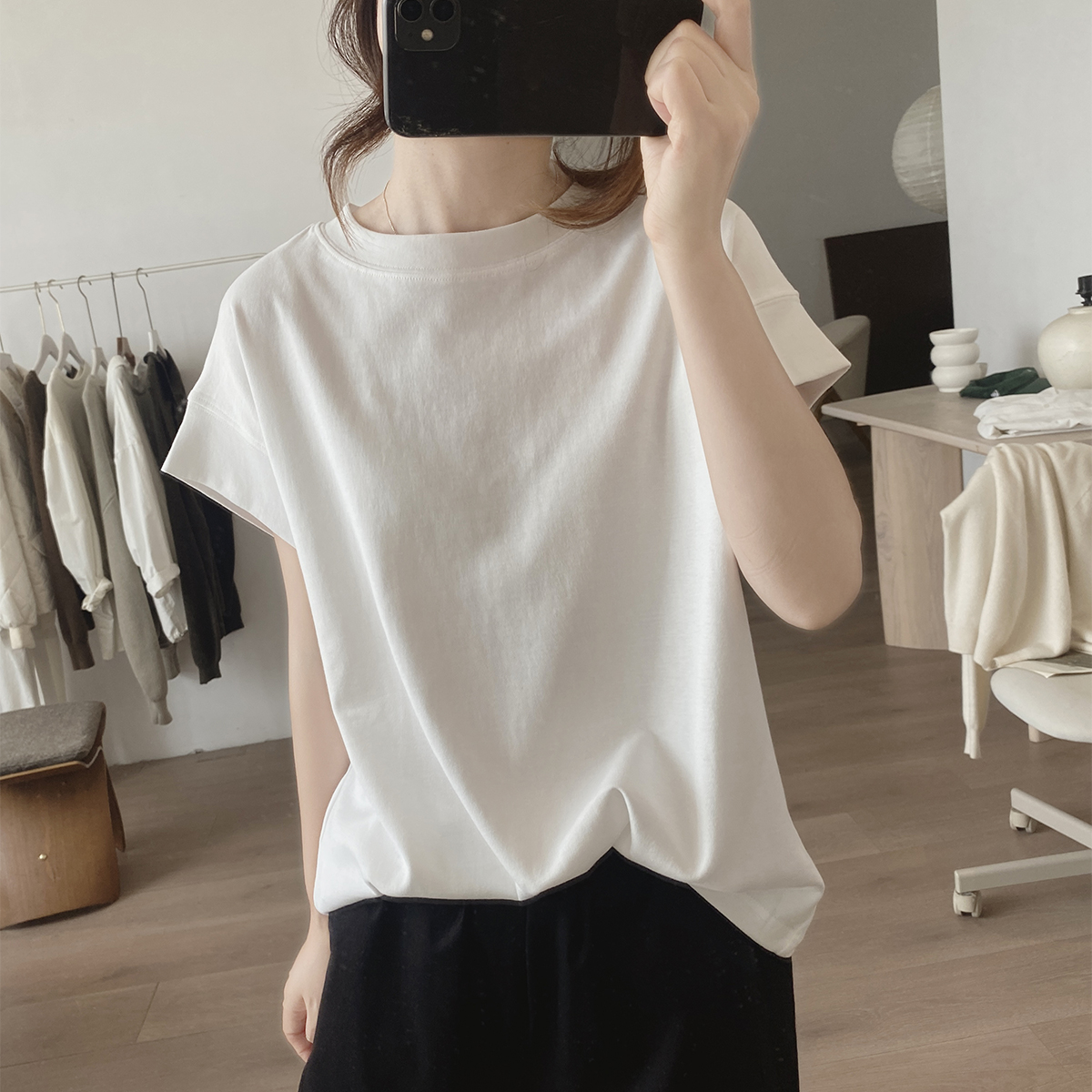 圆领t恤女式夏季新款宽松显瘦韩版简约小众设计感短袖基础款上衣