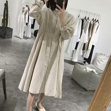 纯色长袖 衬衫 裙 棉麻连衣裙女春秋季 宽松高腰松紧带文艺显瘦中长款