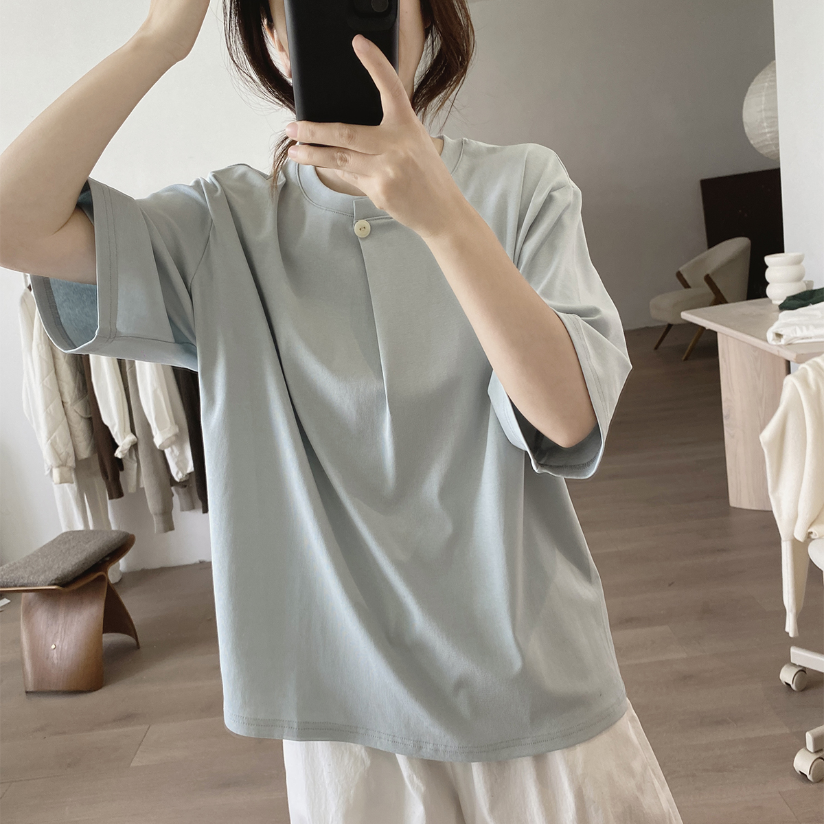 棉质t恤女夏季新款宽松显瘦韩版简约小众设计感圆领短袖减龄上衣
