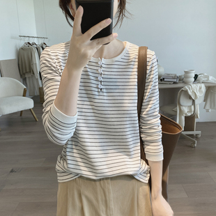 打底衫 棉质t恤女春秋季 圆领条纹基础款 新款 减龄上衣 简约显瘦韩版
