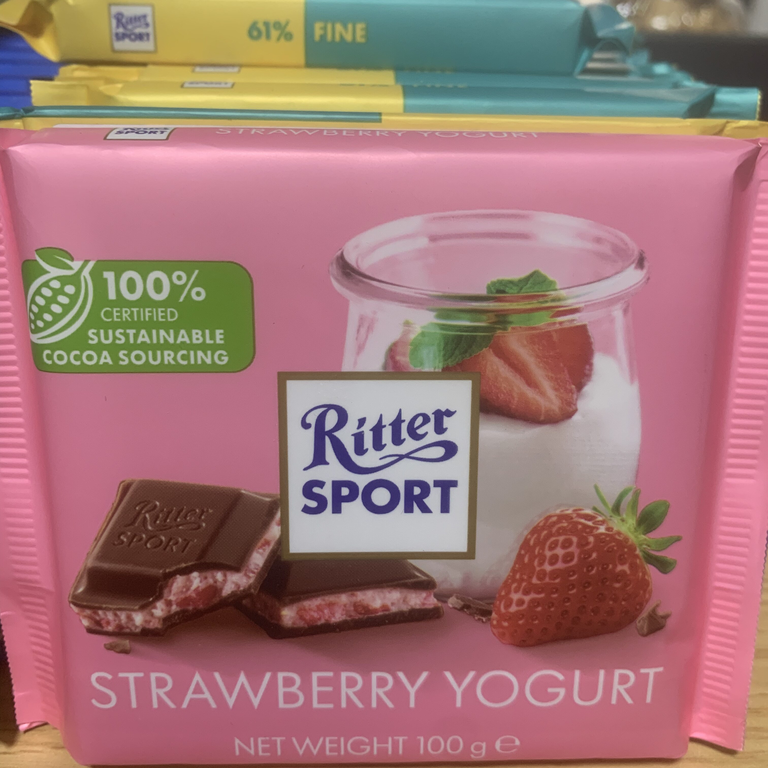 临期德国进口RitterSport瑞特滋草莓酸乳夹心牛奶巧克力100g*2排