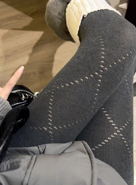 miu系穿搭~高弹透肉灰色菱格连裤袜高腰打底裤美腿外穿~高级吸睛~