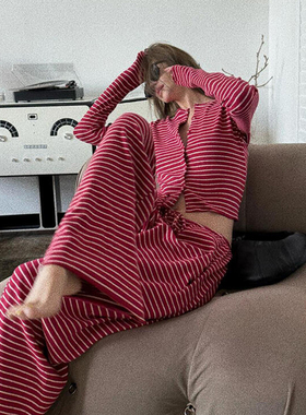 好甜好辣好喜欢！韩系简约撞色条纹睡衣太时髦了~春秋高级慵懒风~