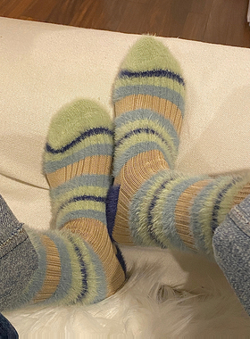 IFJE PUGS「毛茸茸」水貂绒粗线条纹秋冬袜子女加厚加绒毛绒保暖