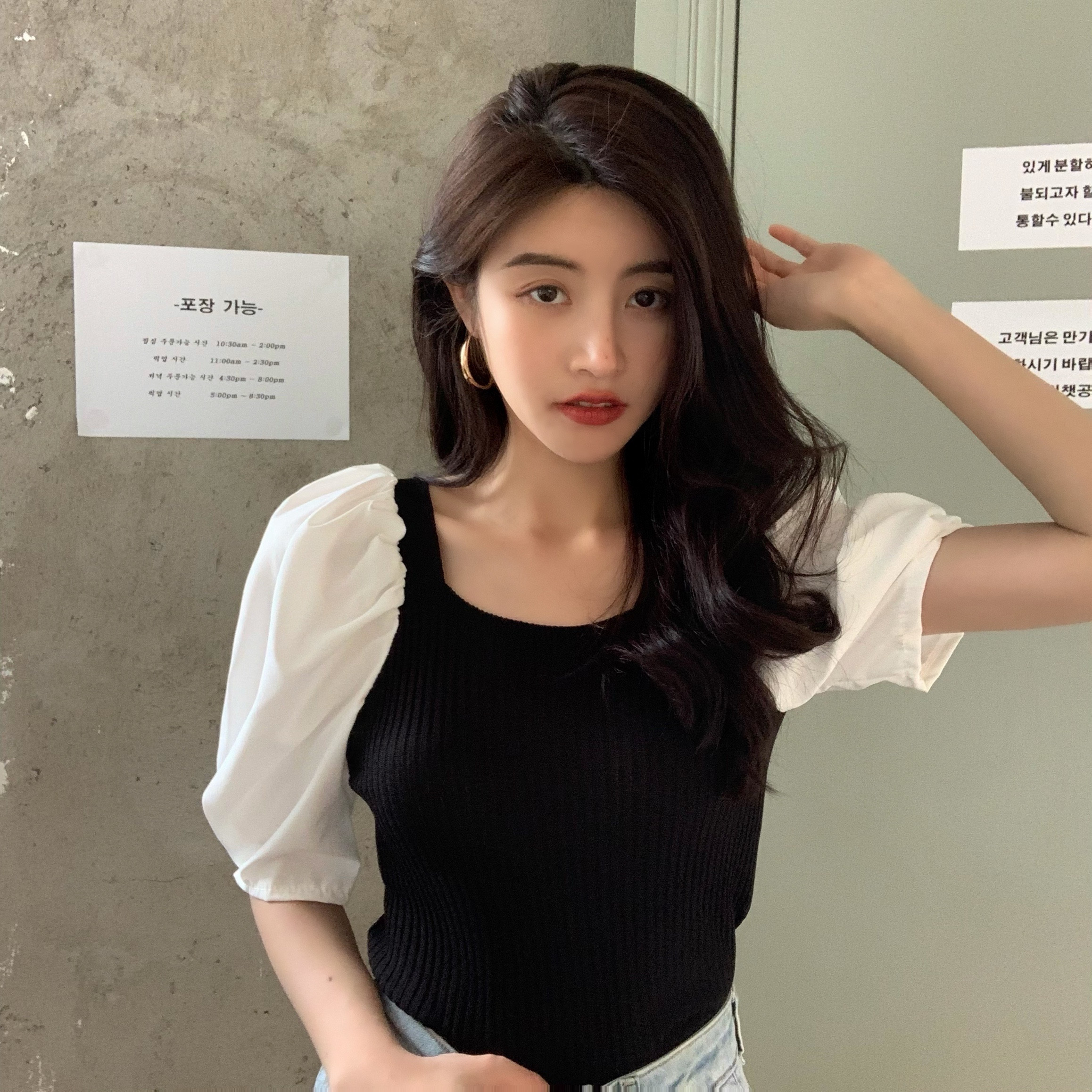 Real price French retro bubble sleeve short sleeve stitching short sleeve knitted top foreign style shirt