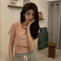 Real price short sleeve T-shirt women's neckline contrast high waist show thin casual style short top