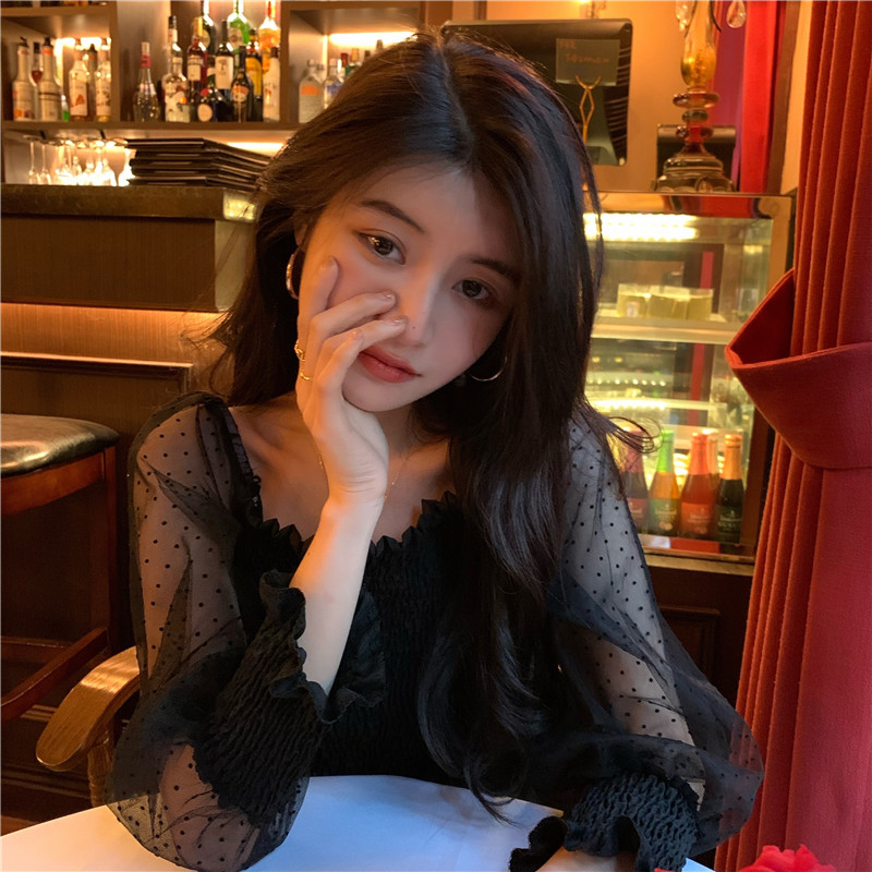 Spring new style retro wave dot mesh stitching waist Lantern Sleeve two wear shirt