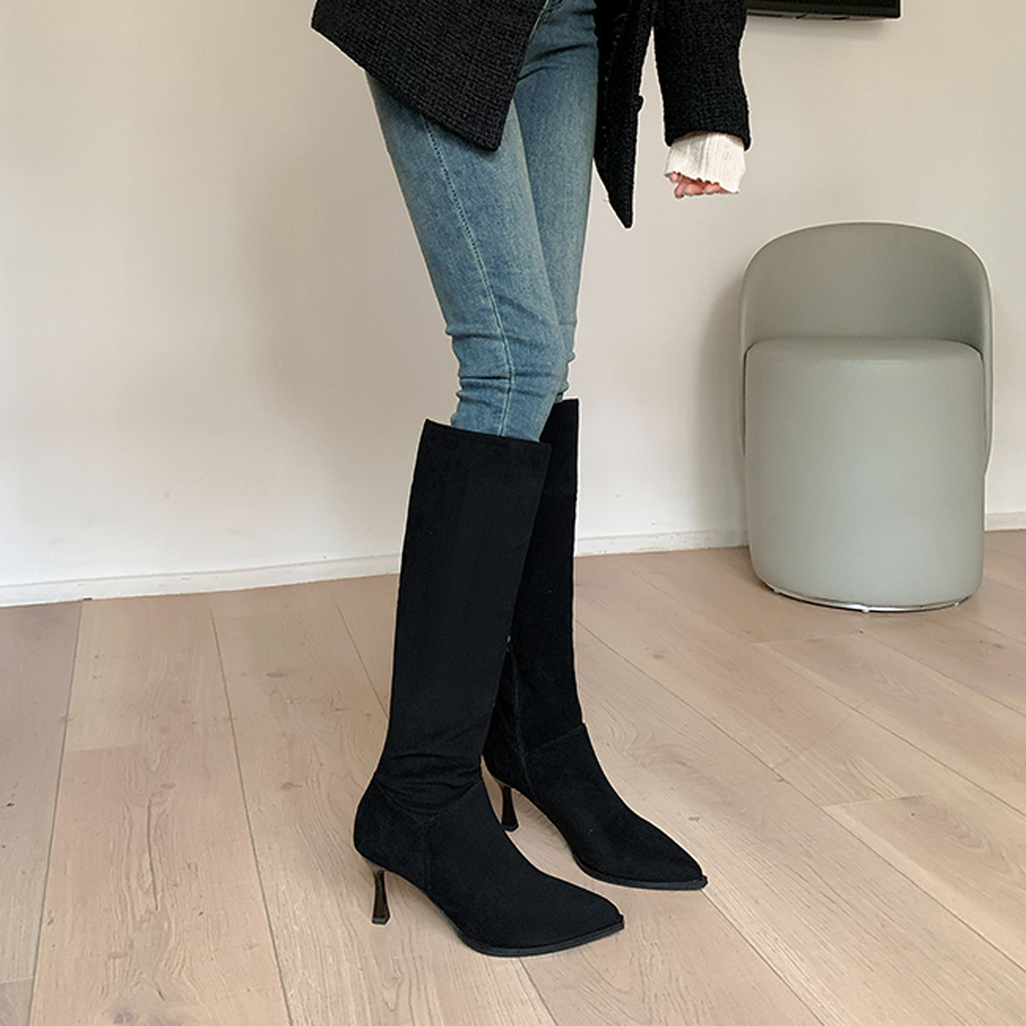 尖头长靴2025年秋冬新款御姐风细跟小个子高跟靴后拉链长筒瘦瘦靴