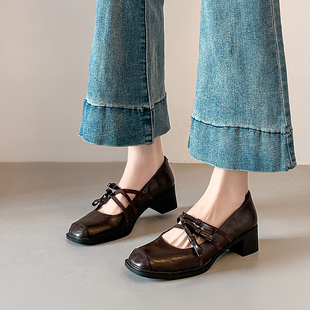 法式复古风方头玛丽珍鞋女蝴蝶结粗跟浅口单鞋百搭通勤气质小皮鞋