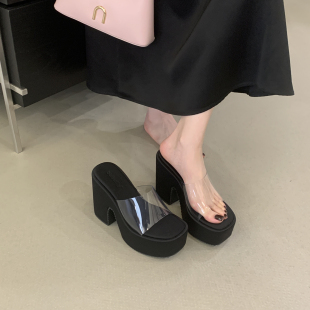12cm粗跟防水台高跟凉拖鞋 外穿 女性感透明鱼嘴小个子厚底增高凉鞋