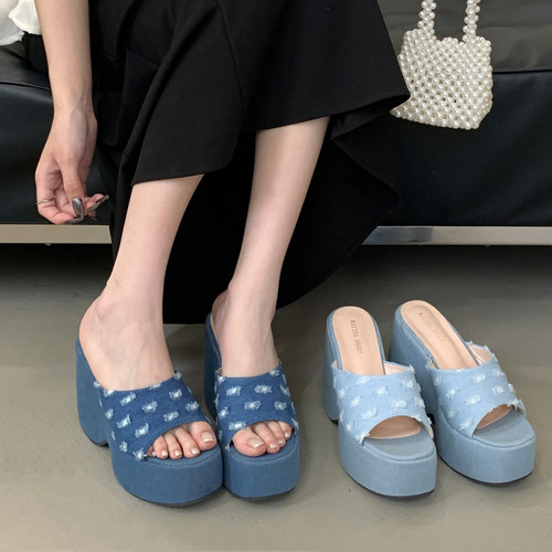 松糕厚底坡跟凉拖鞋女外穿夏季新款时尚牛仔布小个子增高百搭凉鞋
