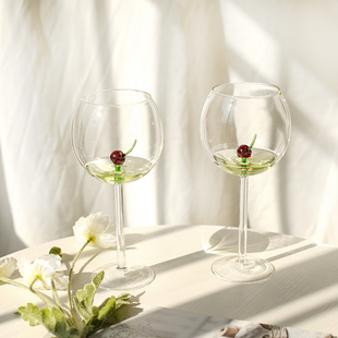 创意法式 爱心樱桃立体高脚红酒杯子高颜值轻奢气泡葡萄酒杯礼物