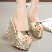少女超高跟凉拖14CM防水台厚底鱼嘴鞋 坡跟鞋 金色亮片松糕女鞋 夏季