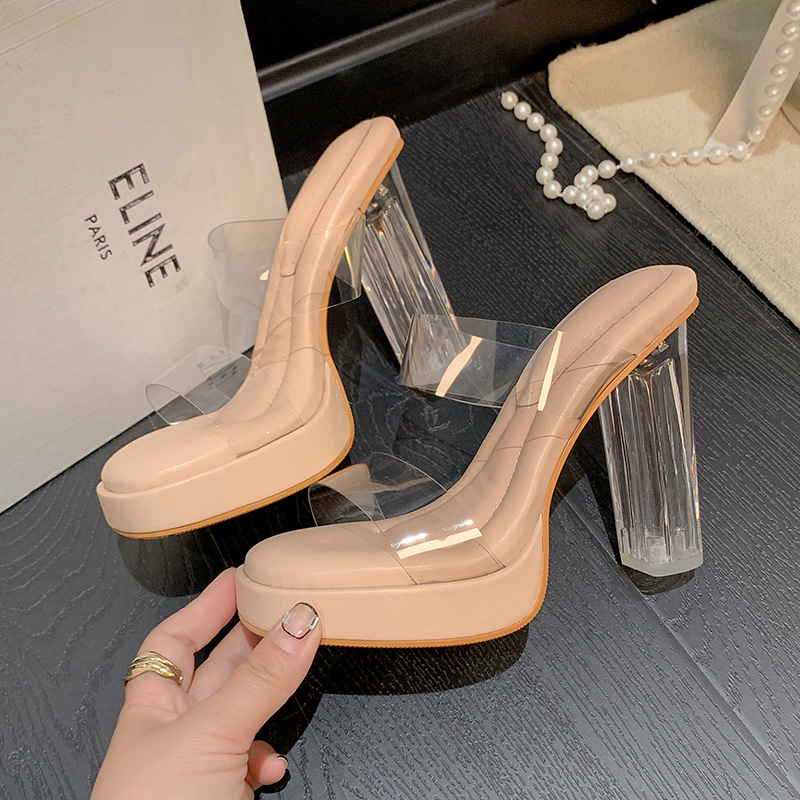 粗跟踩屎凉拖鞋女夏12CM外穿厚底性感透明水晶高跟鞋时尚一字凉鞋