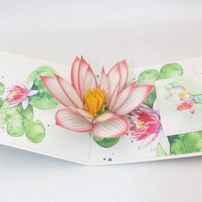 新款创意3D立体贺卡彩印荷花剪纸