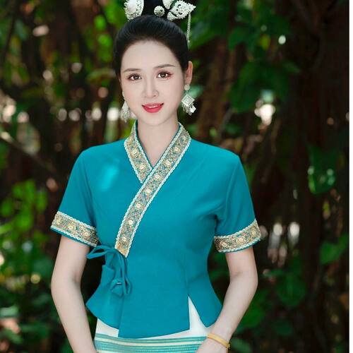 新款西双版纳傣族服装女提花上衣短袖工作服传统傣族日常装表演服