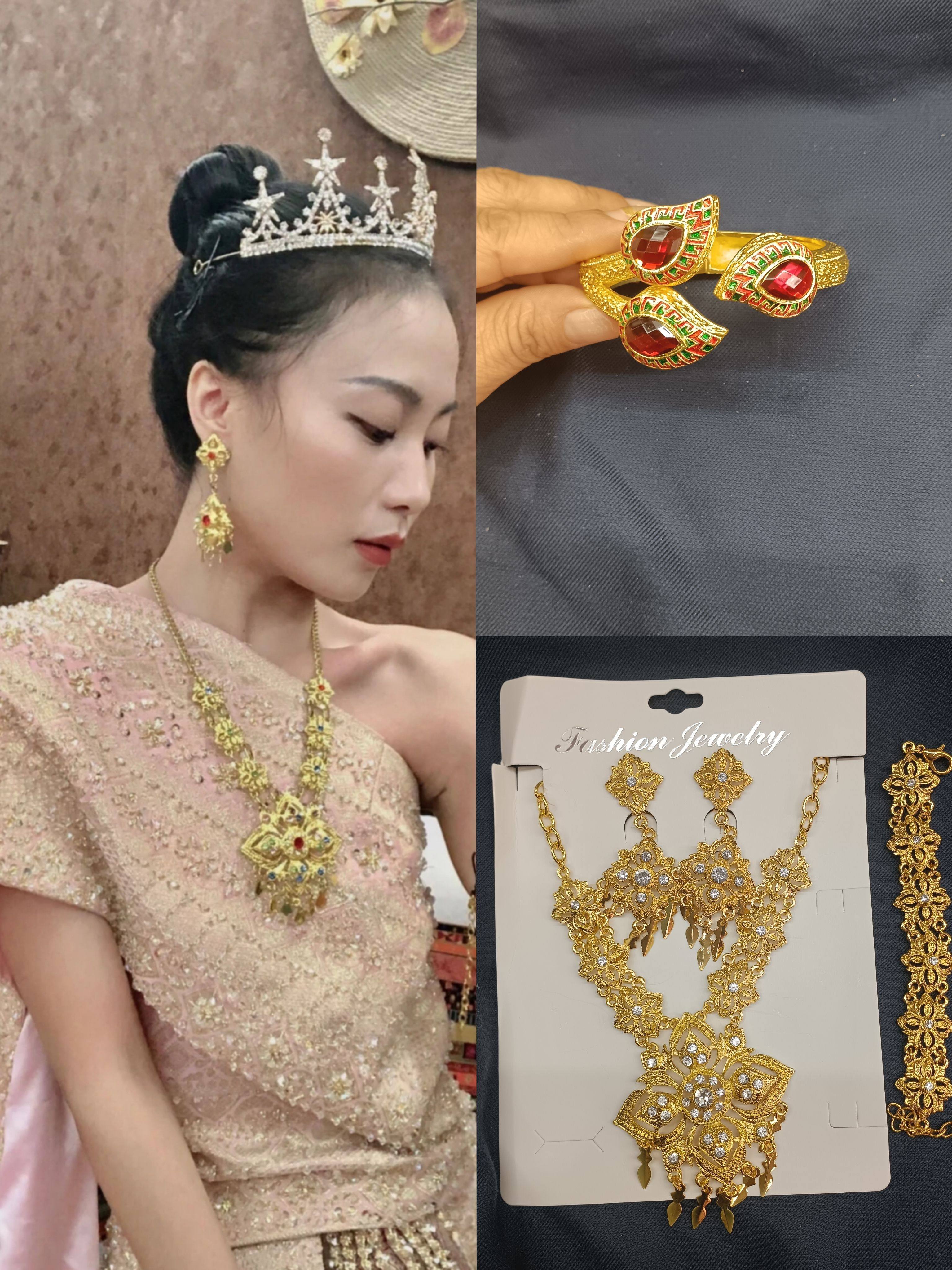 云南傣族服装配饰金色银色耳环项链吊坠云南泰国舞蹈表演摄影首饰