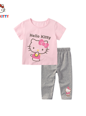 Hello Kitty童装女童夏季短袖套装圆领短袖上衣七分裤两件装