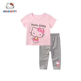 Hello Kitty童装女童夏季短袖套装圆领短袖上衣七分裤两件装