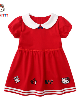 HelloKitty童装女童夏季薄款棉翻领飞袖公主连衣裙