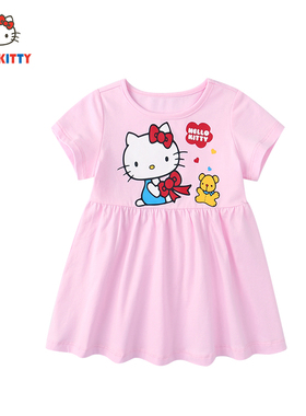 HelloKitty童装女童夏季可爱薄款连衣裙宝宝圆领百褶裙