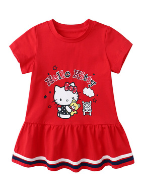 HelloKitty童装女童夏季连衣裙新款圆领可爱卡通短袖百褶裙