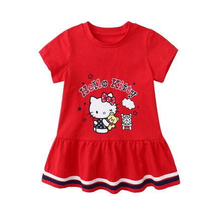 HelloKitty童装女童夏季连衣裙新款圆领可爱卡通短袖百褶裙