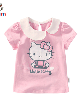 Hello Kitty童装女童棉翻领短袖T恤泡泡袖夏薄款透气可爱上衣