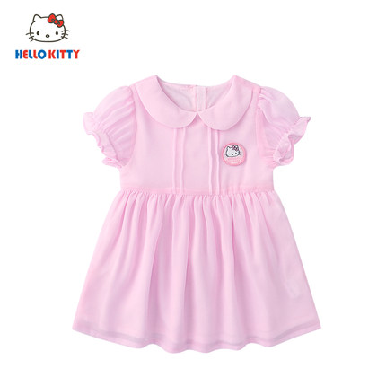 HelloKitty女童夏季薄款荷叶领雪纺公主裙可爱泡泡袖百褶连衣裙