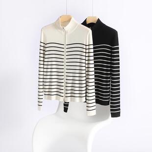精纺超细羊毛立领黑白条纹针织开衫女拉链修身弹力薄款外套