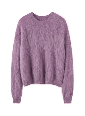 100%纯山羊绒拉绒毛衣女圆领套头宽松显瘦长袖紫色针织衫保暖女装