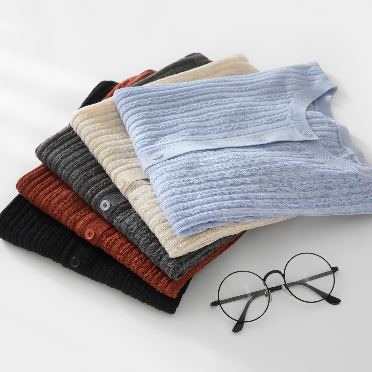 麻花纹理圆领短袖开衫女针织衫多色纽扣外搭毛衣2026年夏季新款