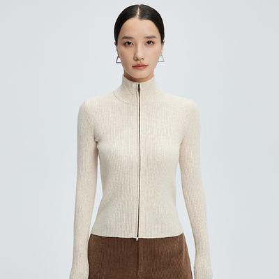 半高领纯色山羊绒针织开衫女修身拉链上衣气质羊毛内搭毛衣女外套